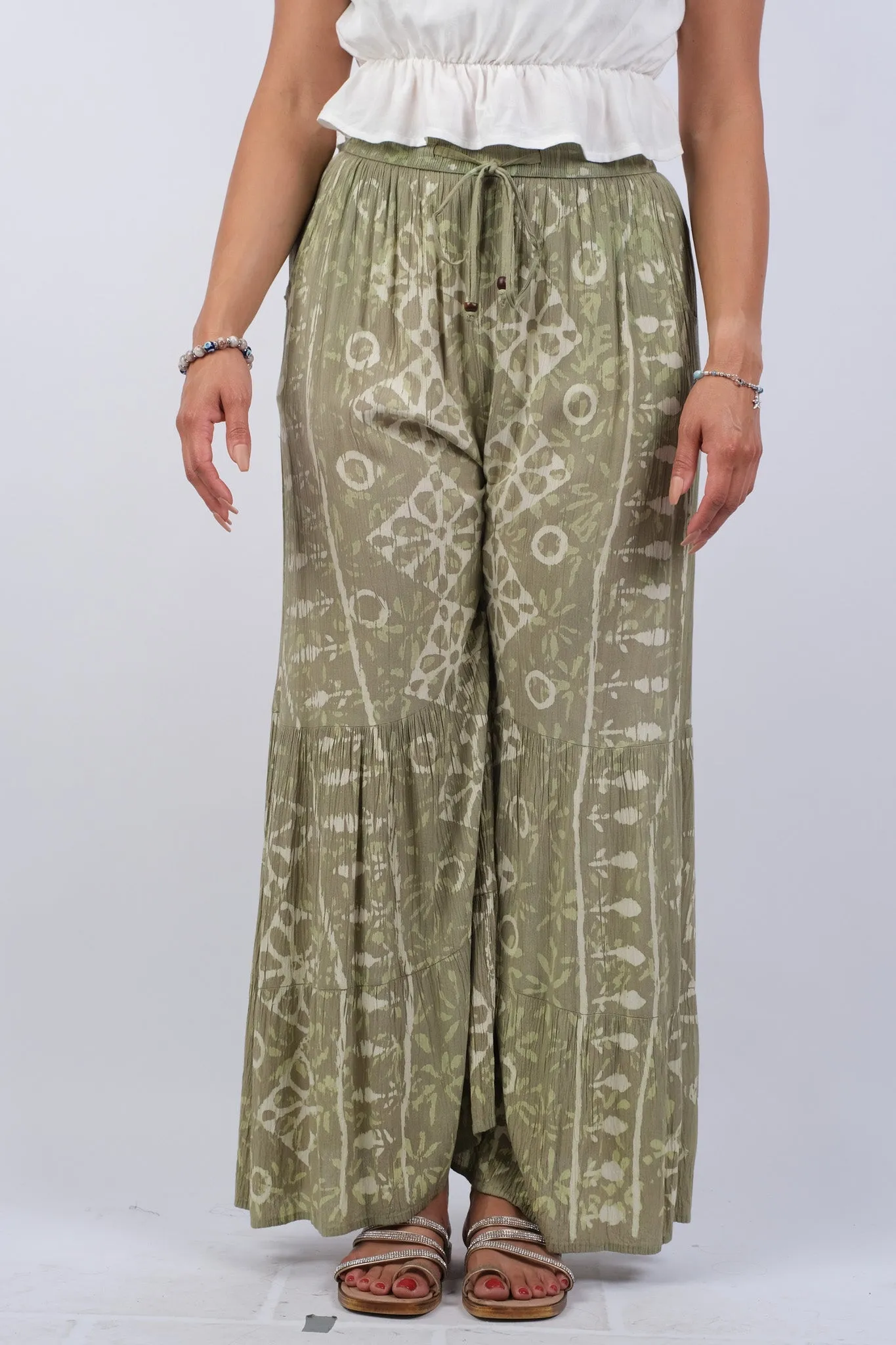 225064 Olive Blockprint Flared Hippie Pants