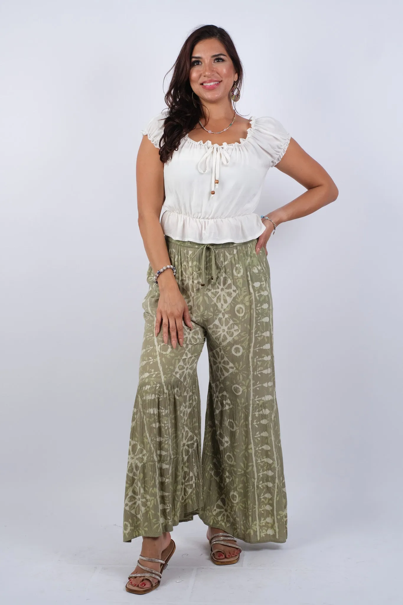 225064 Olive Blockprint Flared Hippie Pants