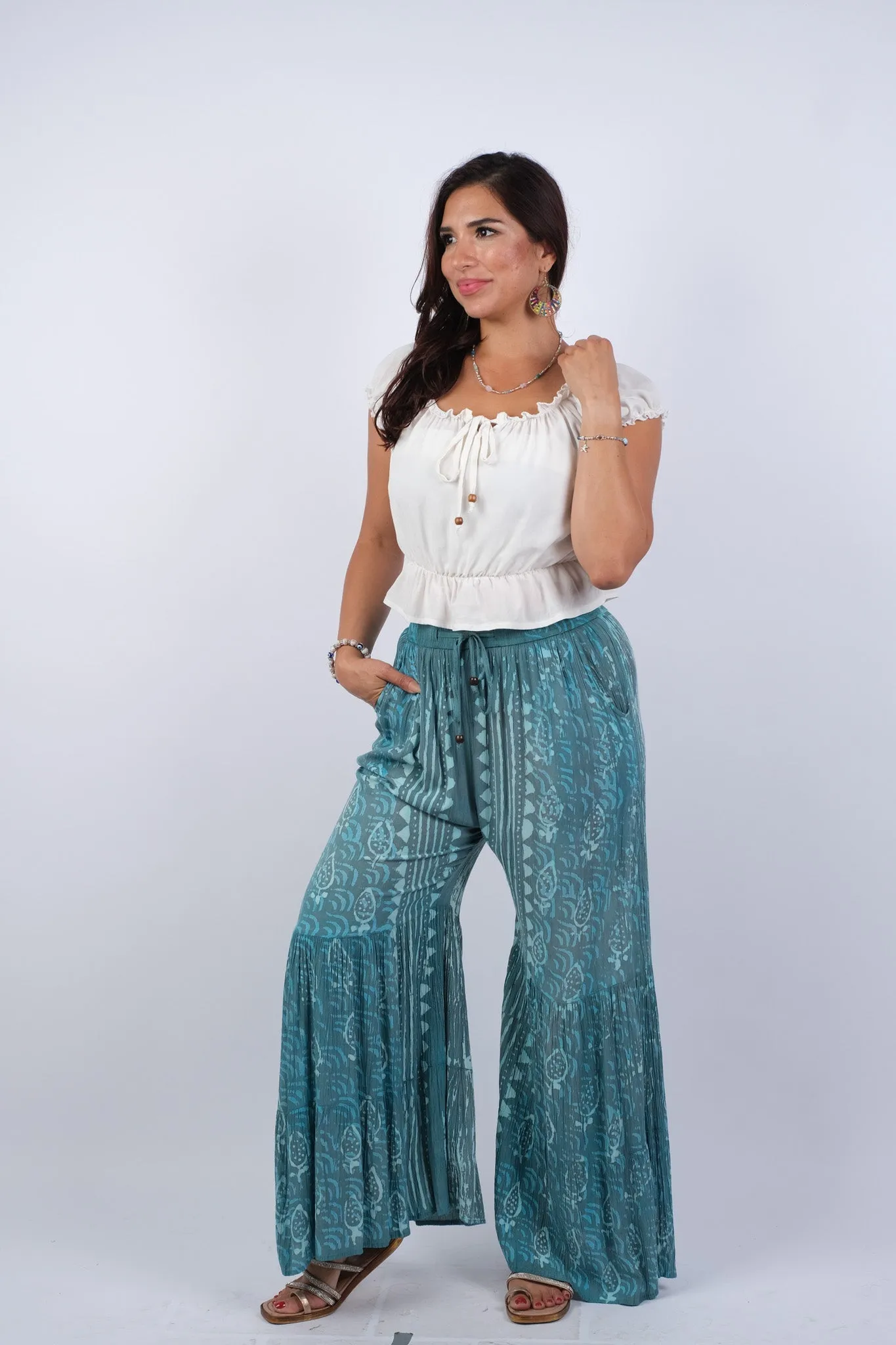 225067 Seaside Blockprint Flared Pants