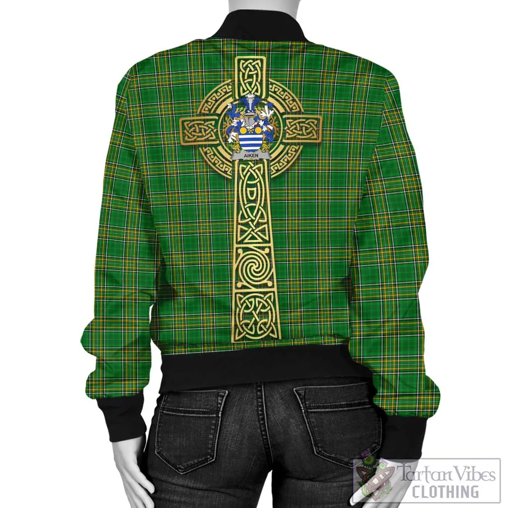 Aiken Irish Clan Tartan Bomber Jacket with Coat of Arms Celtic Tree of Life Style