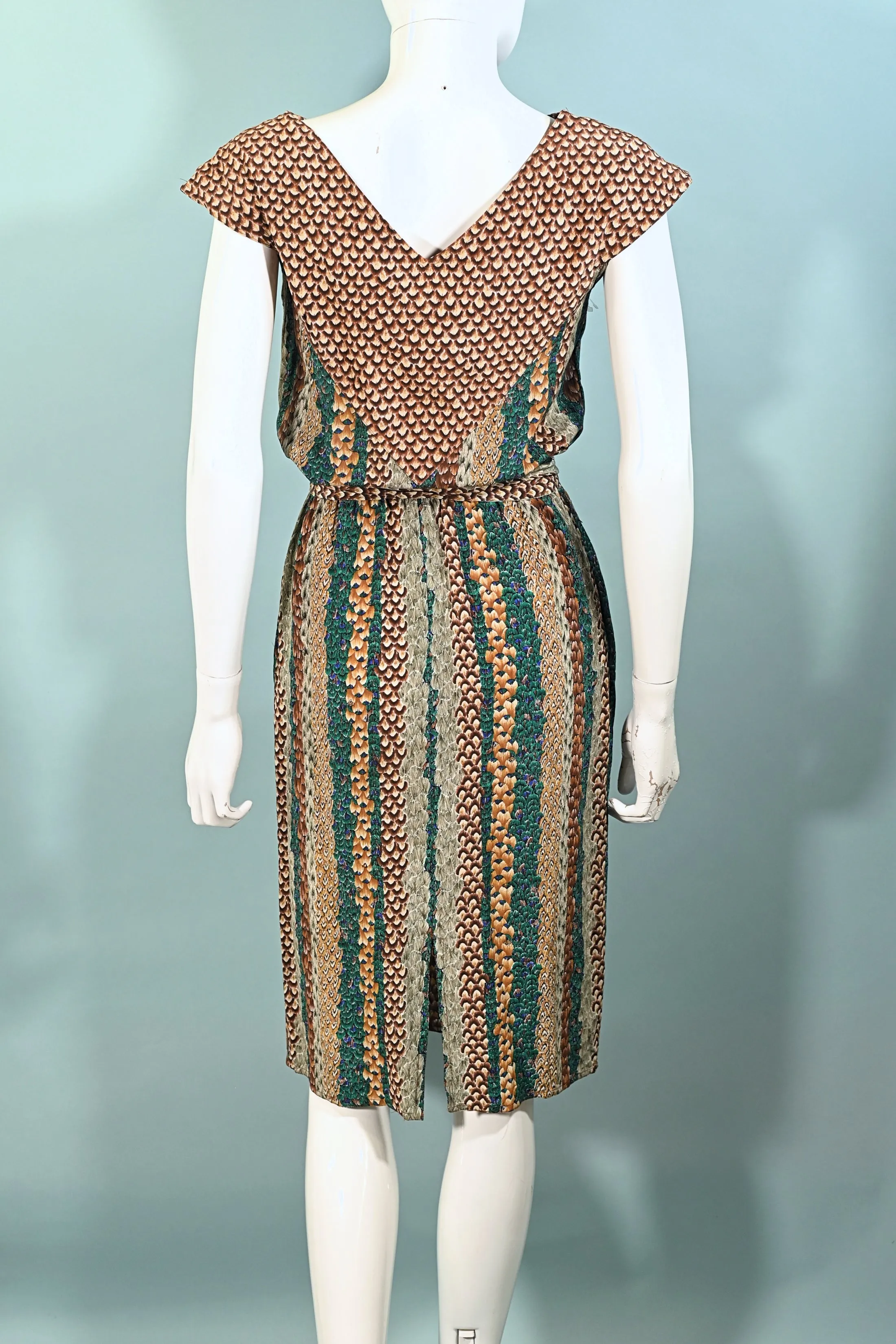 Argenti Vintage 70s Silk Dress, Feather Print Sheath Dress S