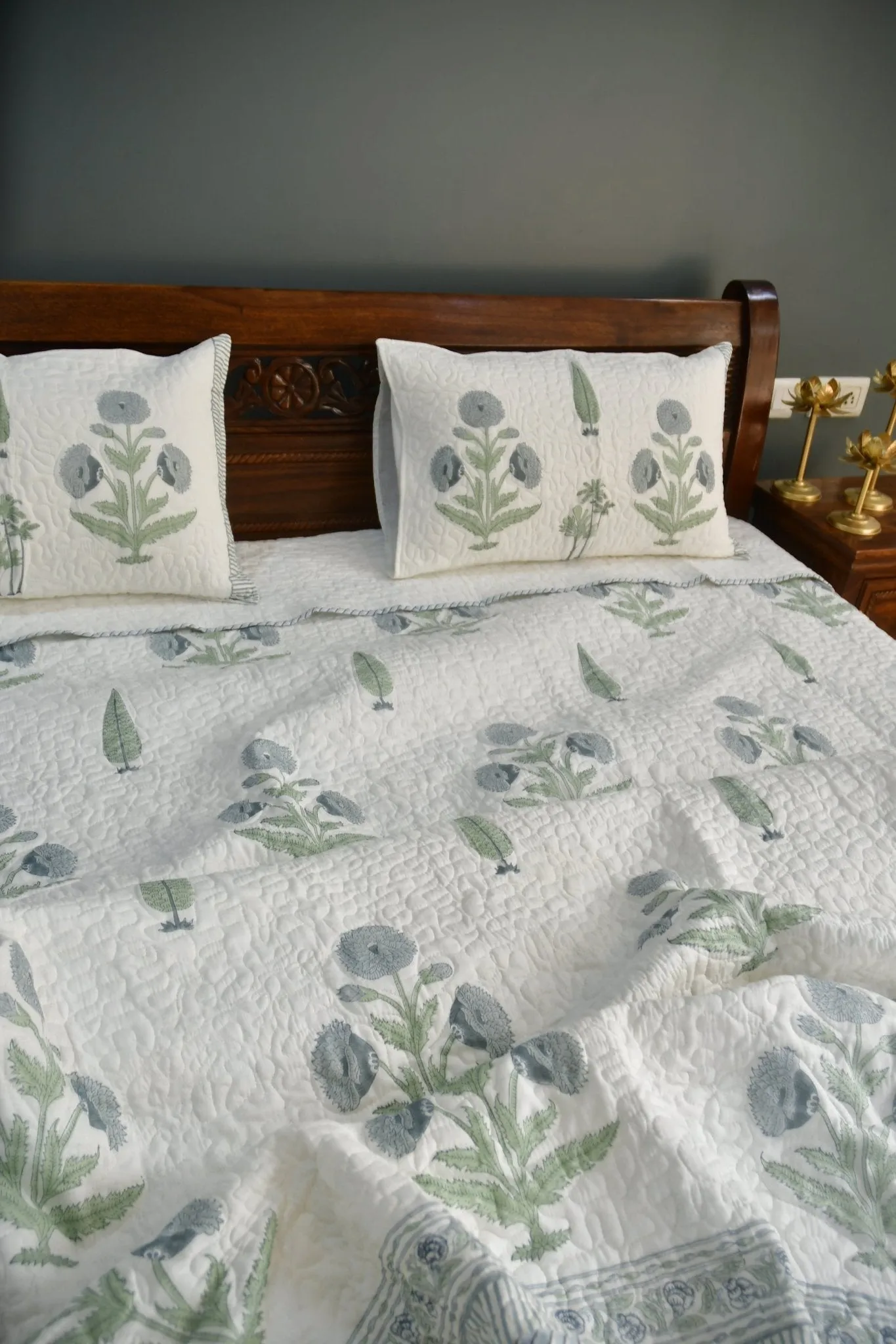 Blue Grey Poppy Quilted bedcover