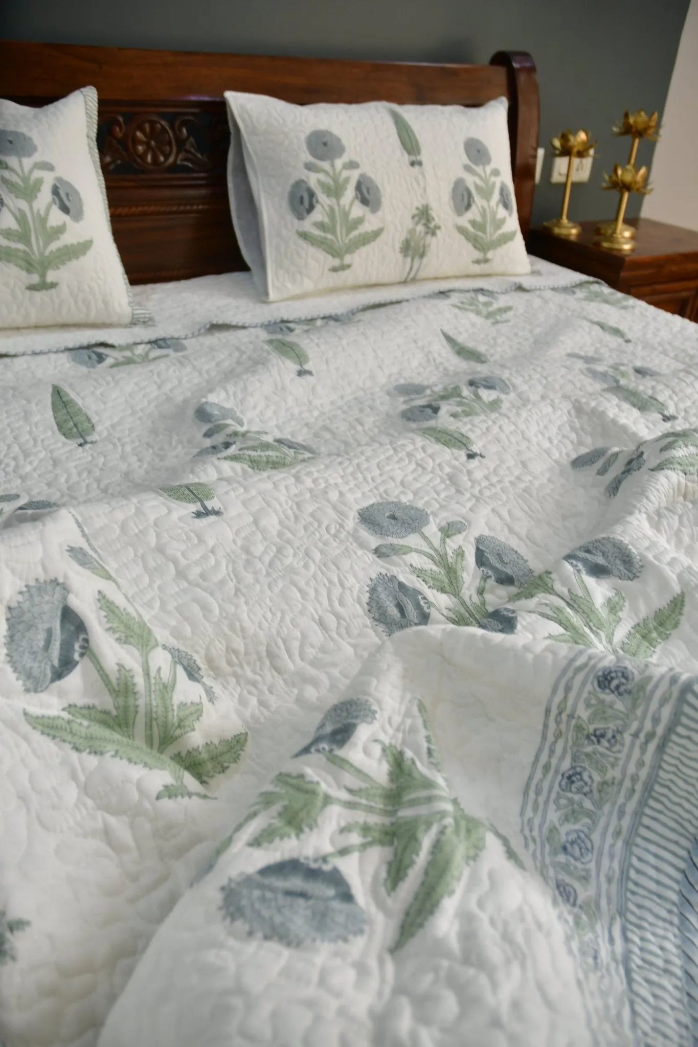 Blue Grey Poppy Quilted bedcover