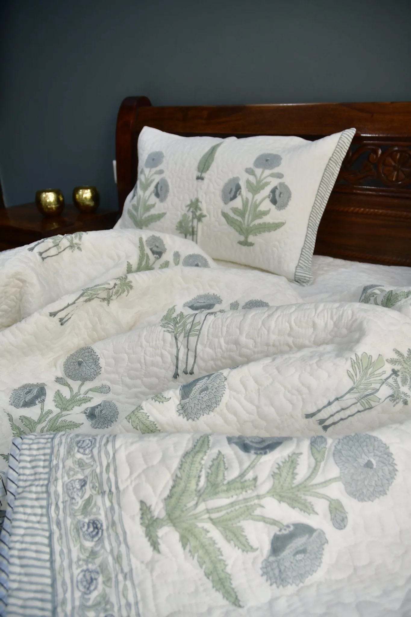Blue Grey Poppy Quilted bedcover