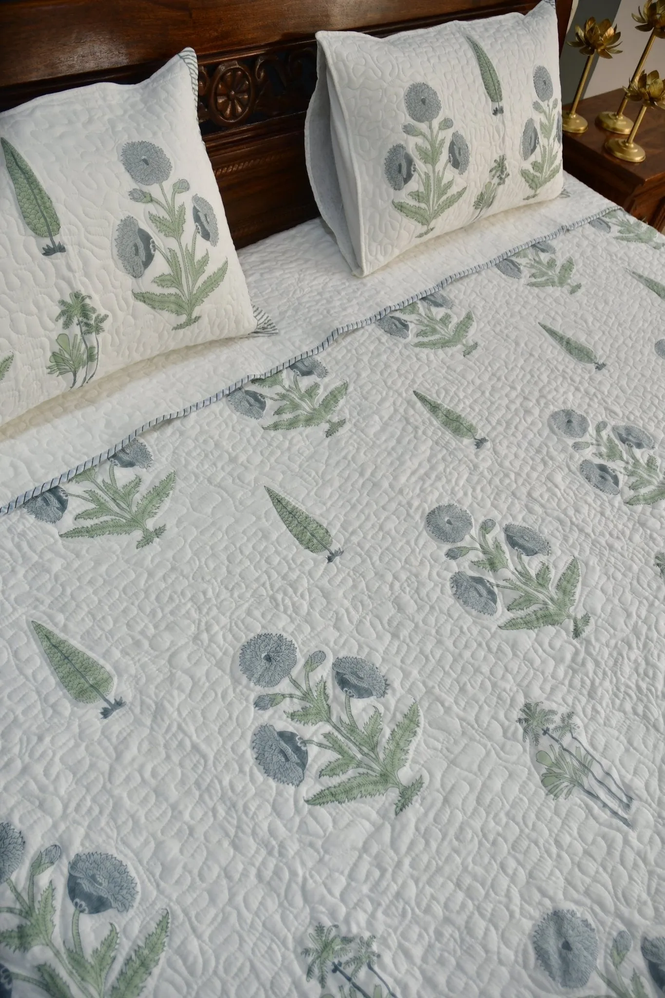 Blue Grey Poppy Quilted bedcover