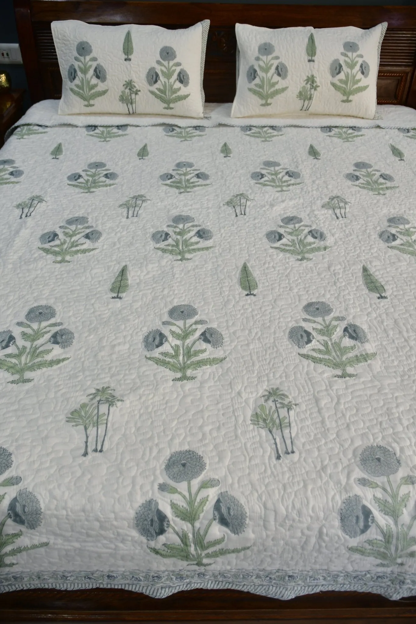 Blue Grey Poppy Quilted bedcover