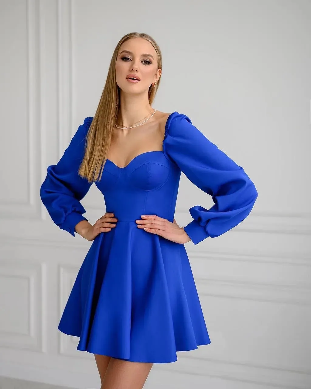 Blue mini dress "Elastic shoulder"