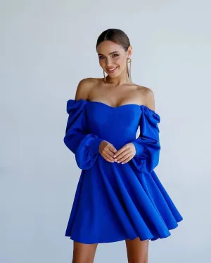 Blue mini dress "Elastic shoulder"
