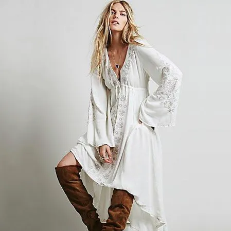 Boho Embroidery Folk Dress - Light Blue S