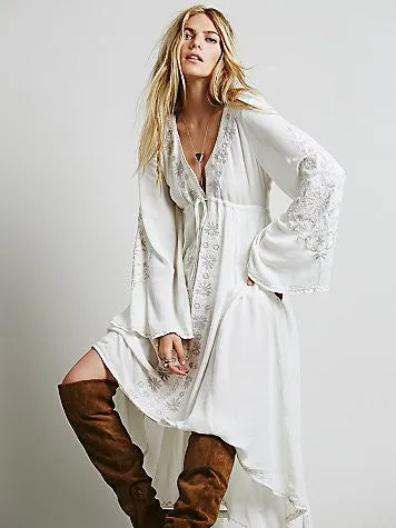Boho Embroidery Folk Dress - Light Blue S