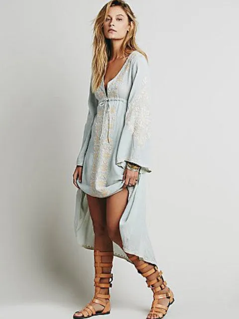 Boho Embroidery Folk Dress - Light Blue S