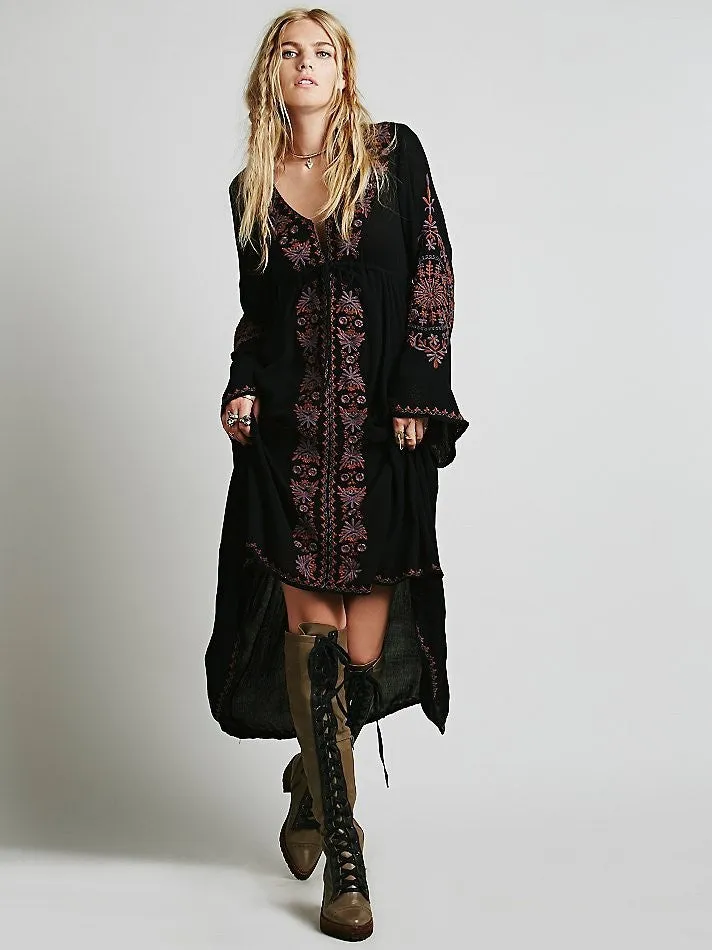 Boho Embroidery Folk Dress - Light Blue S