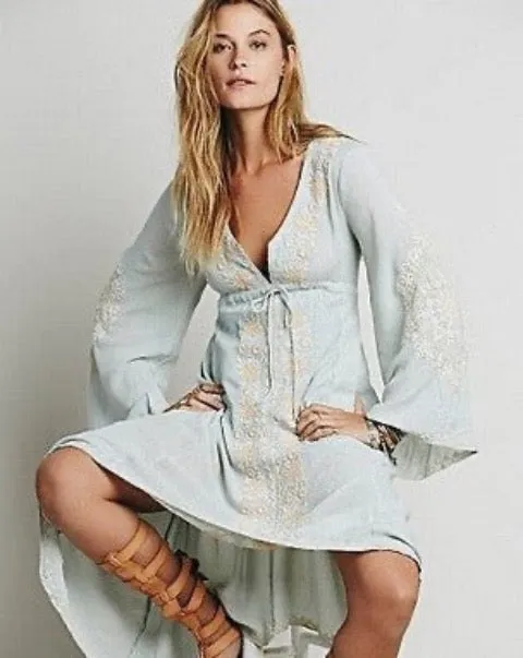 Boho Embroidery Folk Dress - Light Blue S