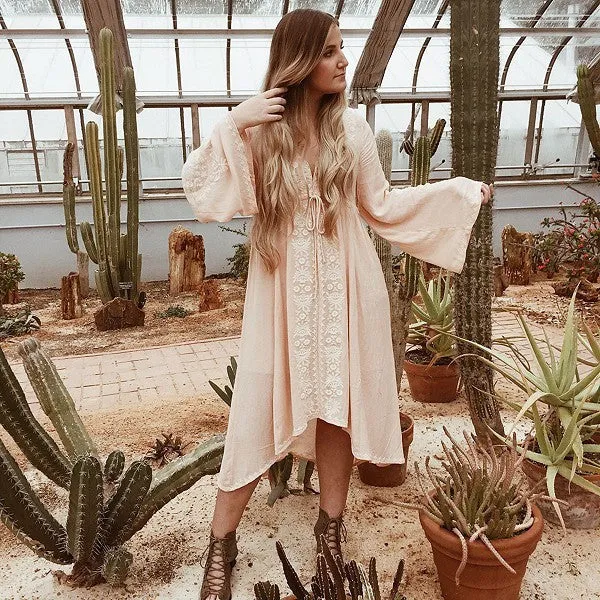 Boho Embroidery Folk Dress - Light Blue S