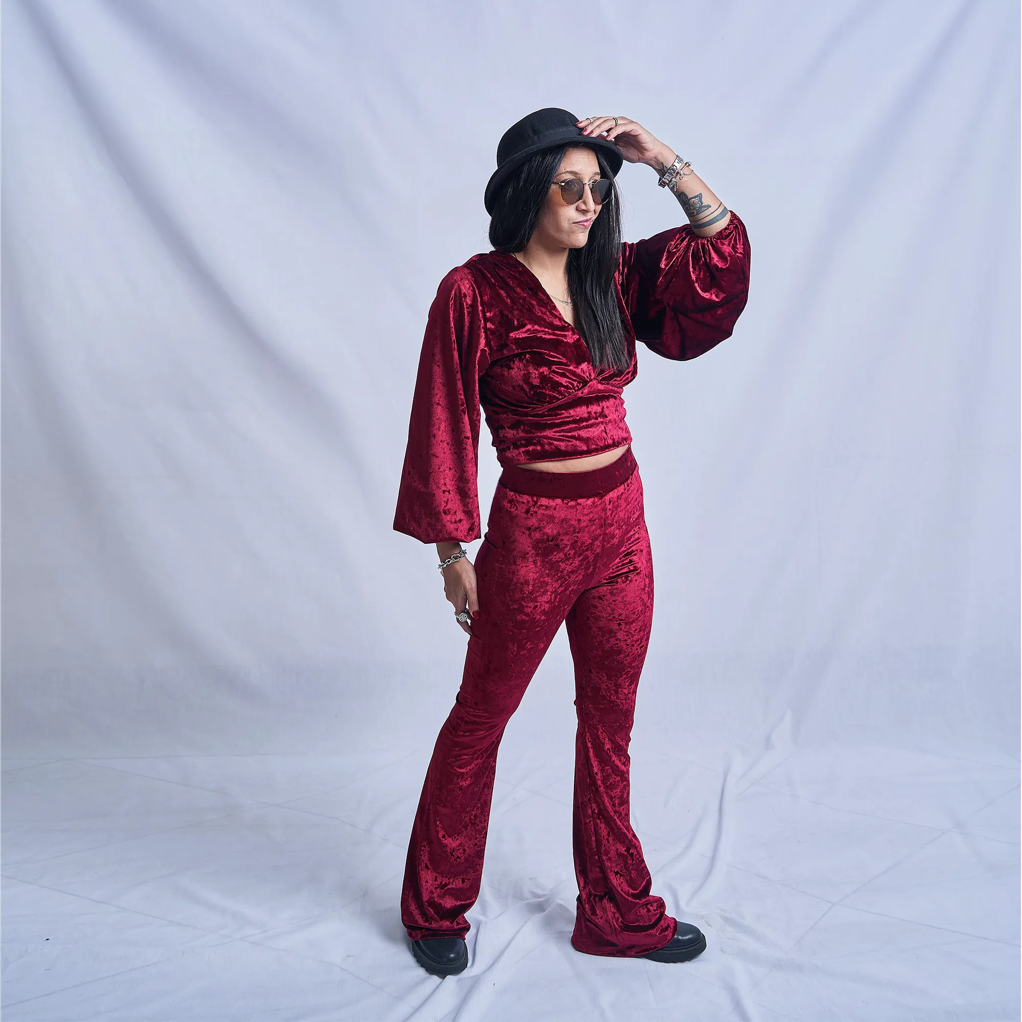 Burgundy Puffy Sleeve Velvet Top