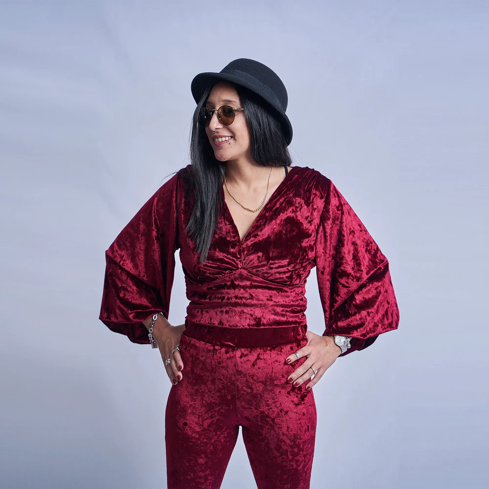 Burgundy Puffy Sleeve Velvet Top