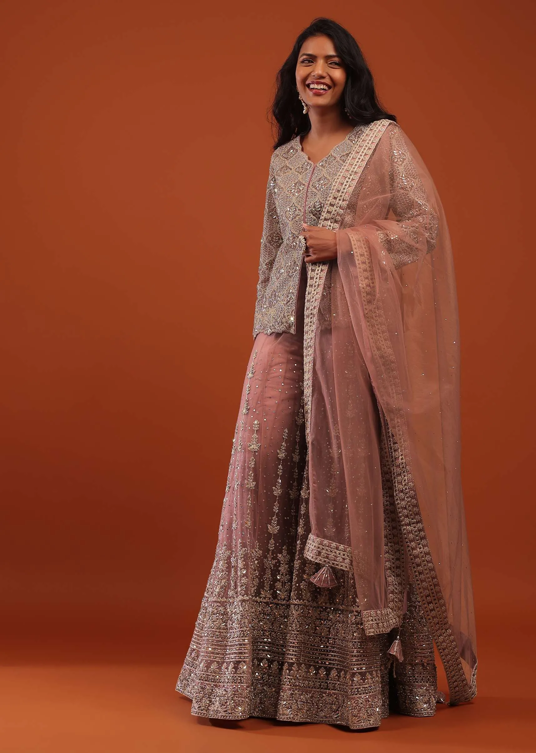 Cameo Brown Pink Embroidered Sharara Suit In Net