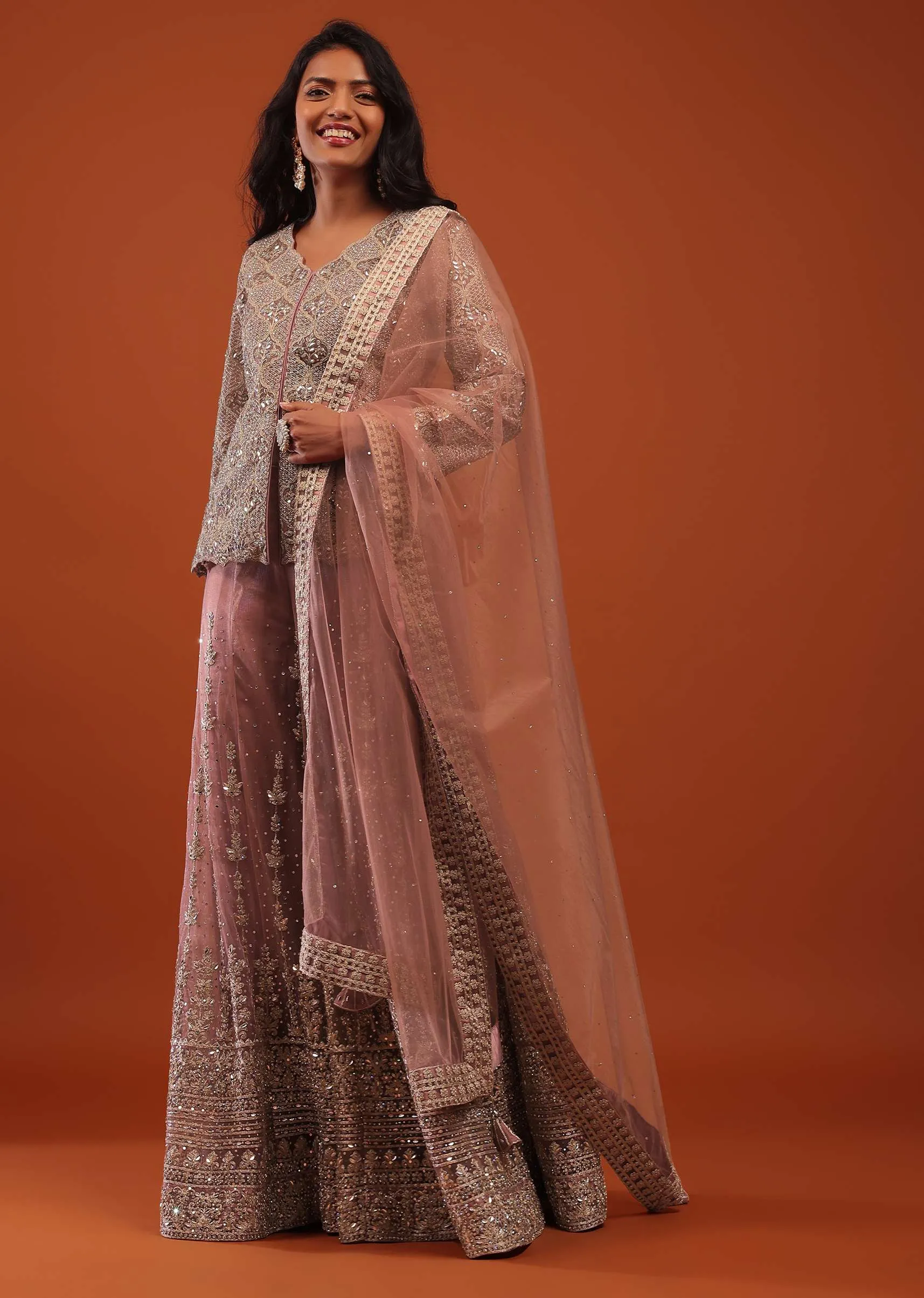 Cameo Brown Pink Embroidered Sharara Suit In Net