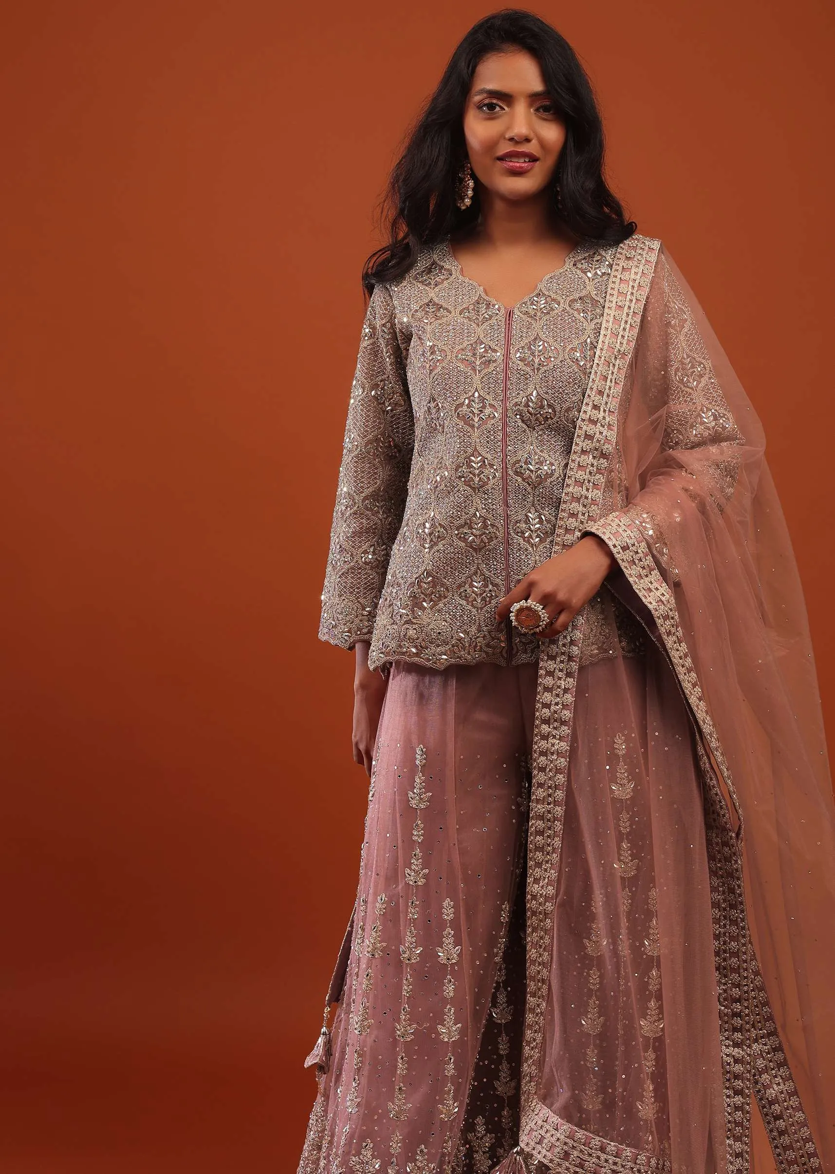 Cameo Brown Pink Embroidered Sharara Suit In Net