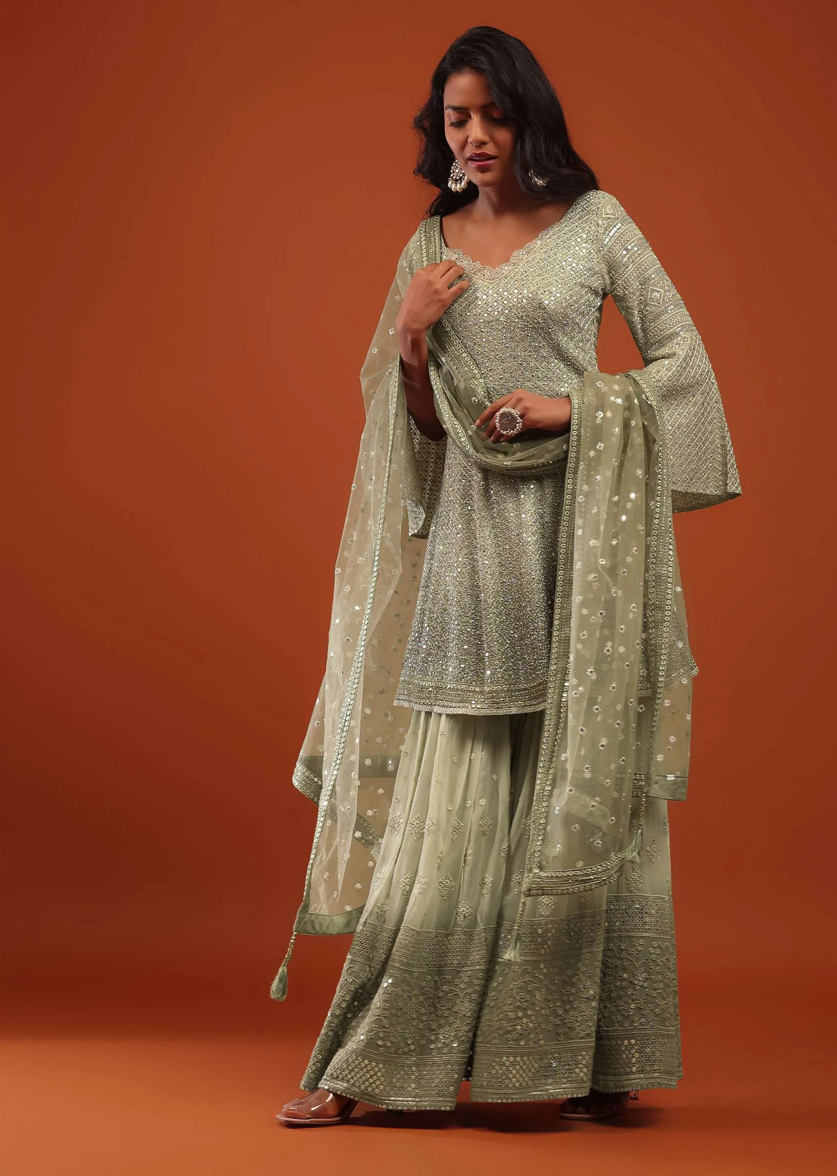 Canary Green Embroidered Georgette Sharara Suit