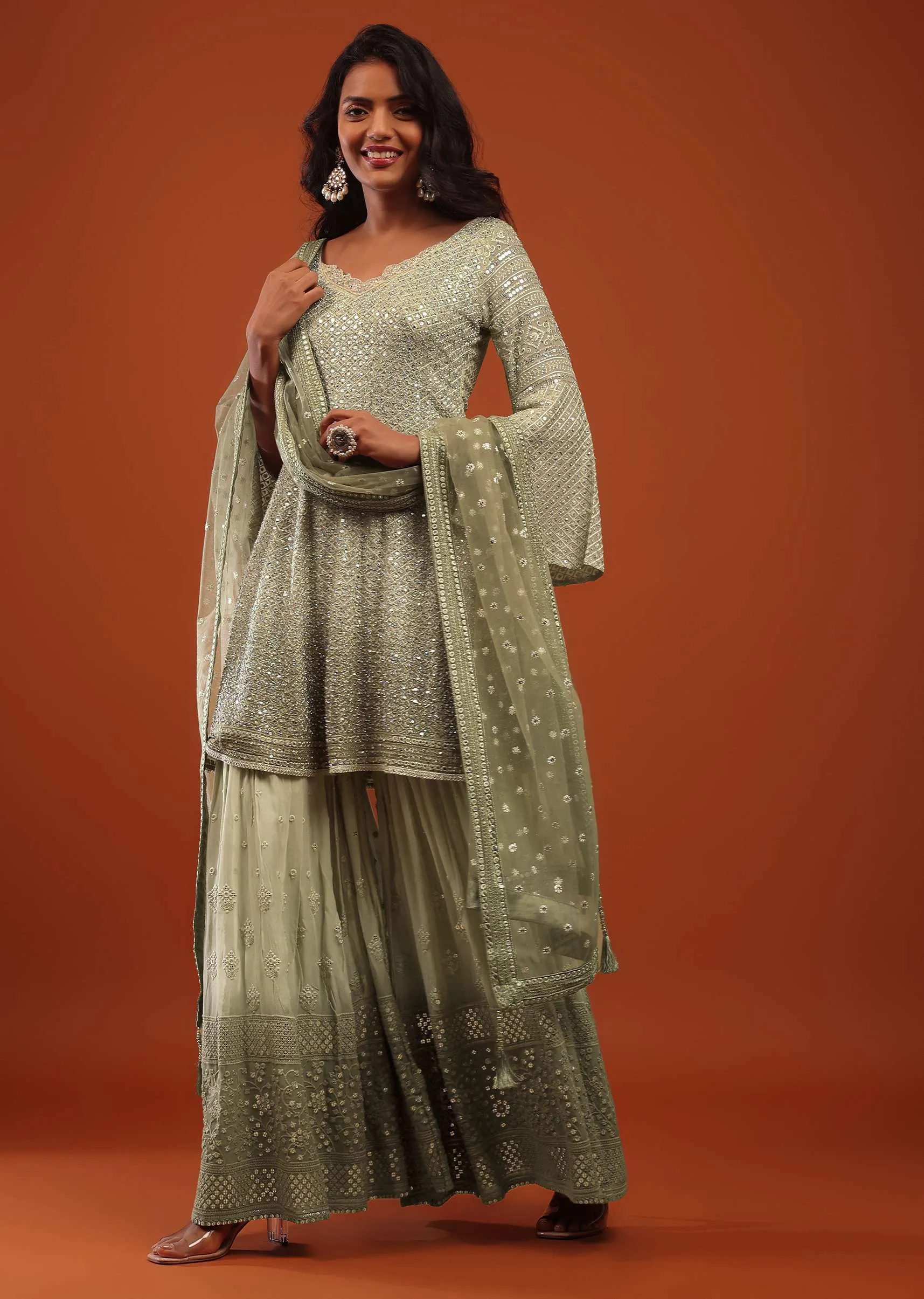Canary Green Embroidered Georgette Sharara Suit