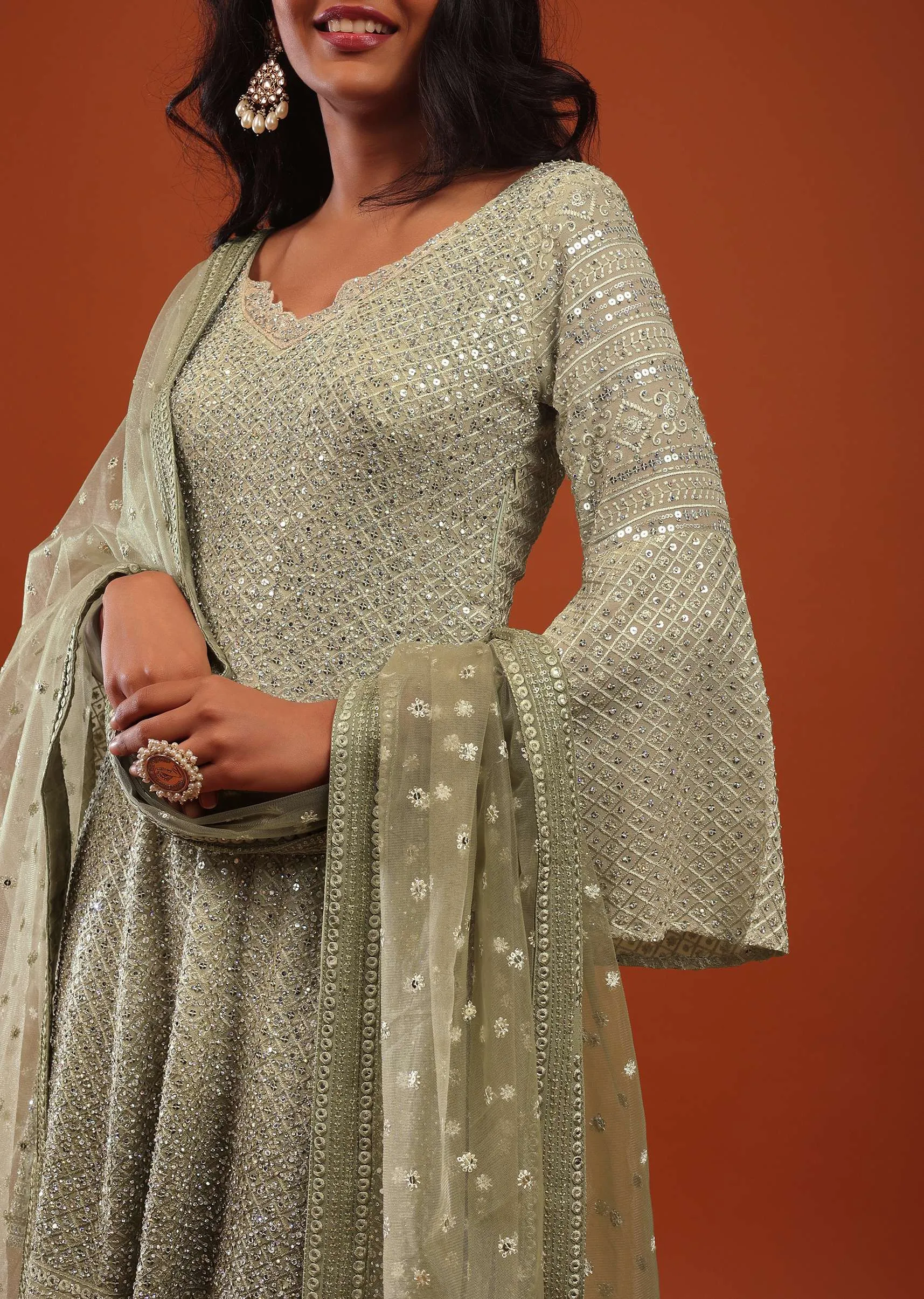 Canary Green Embroidered Georgette Sharara Suit