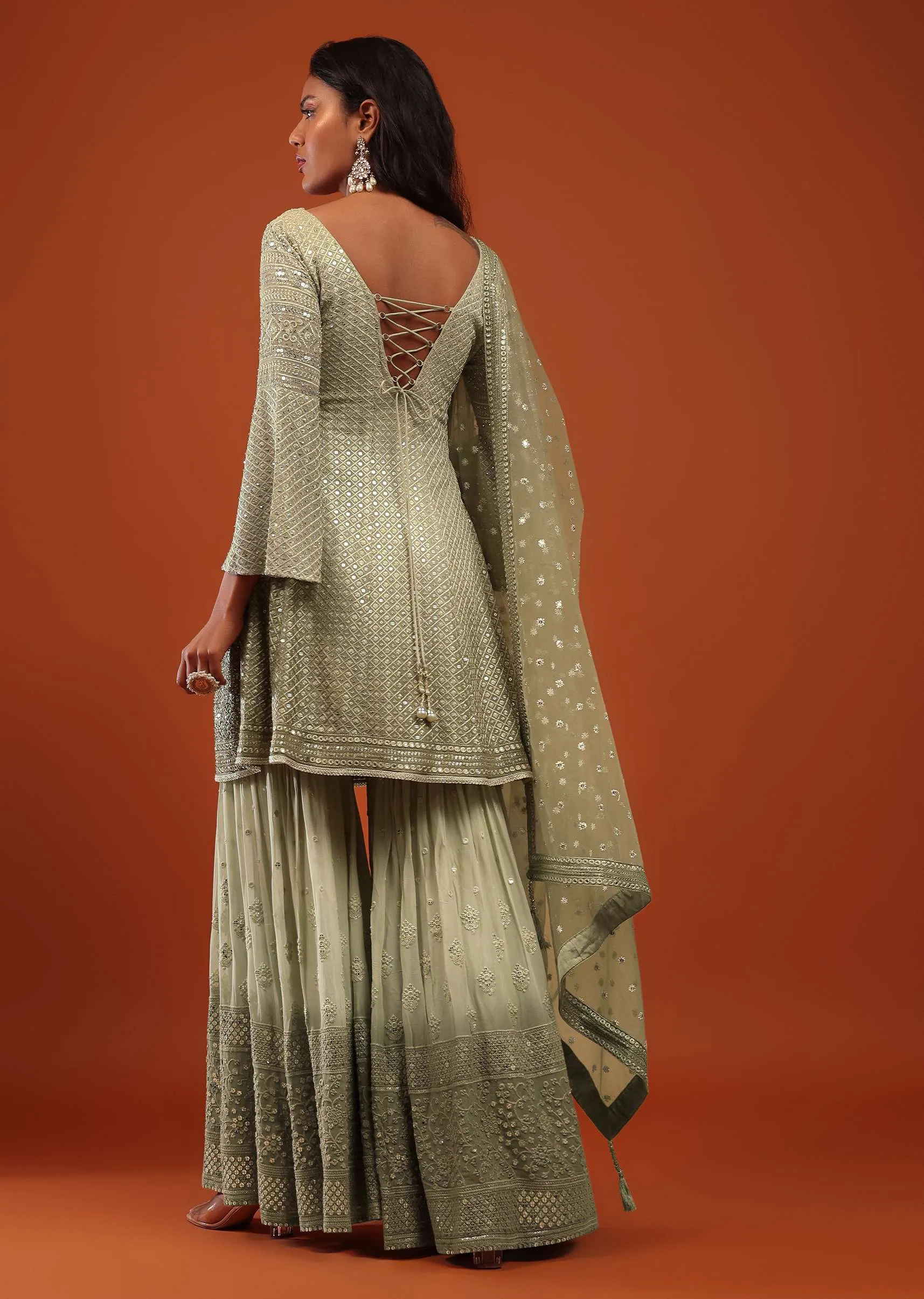 Canary Green Embroidered Georgette Sharara Suit