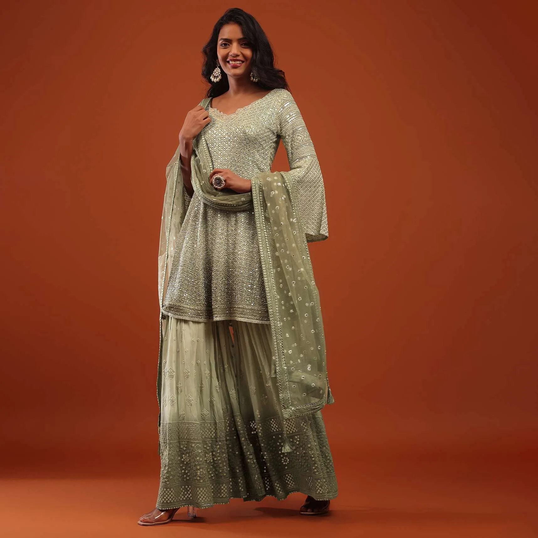 Canary Green Embroidered Georgette Sharara Suit