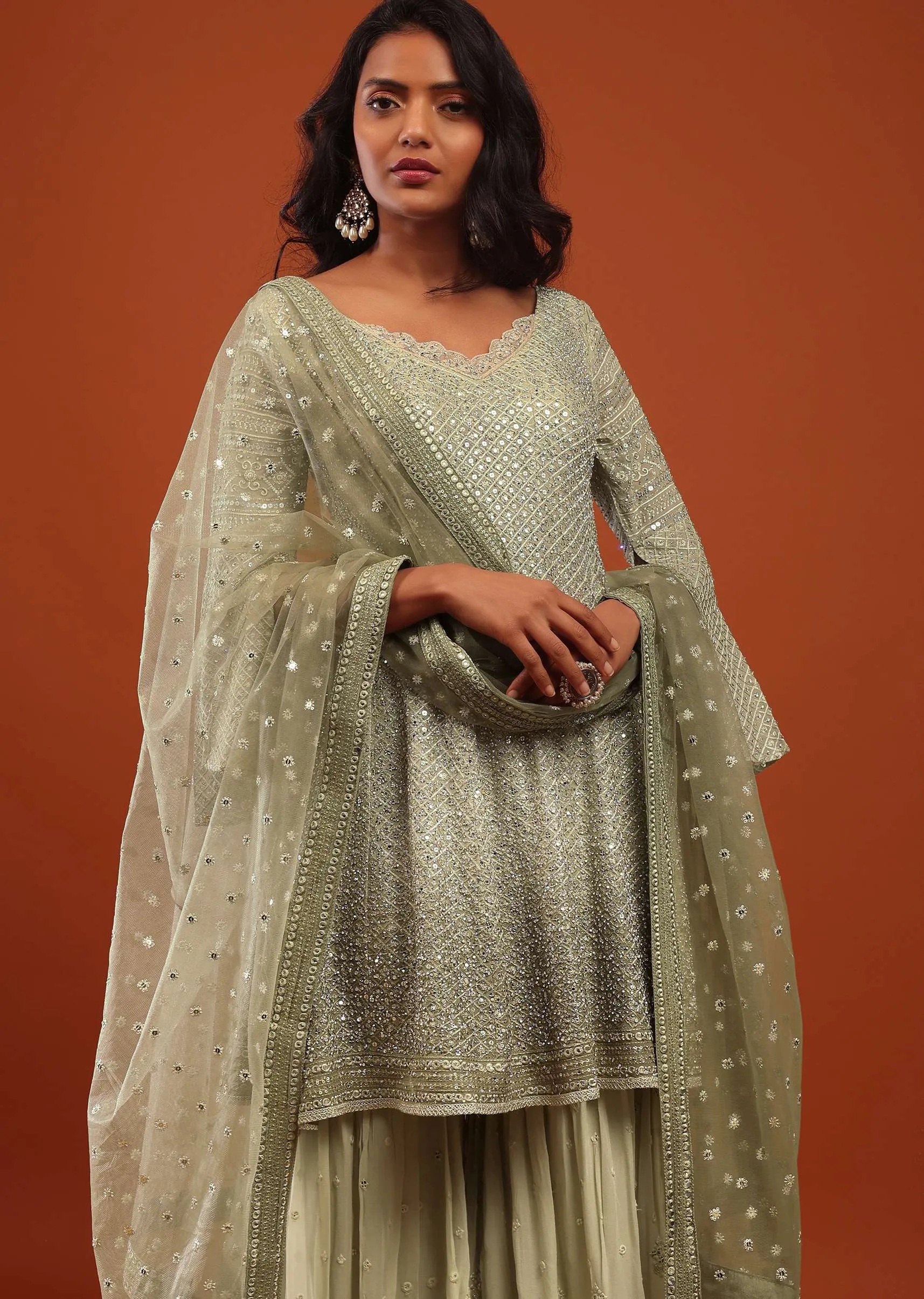 Canary Green Embroidered Georgette Sharara Suit