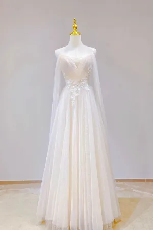 Champagne Tulle Long Prom Dress, Lovely Lace Formal Evening Dress