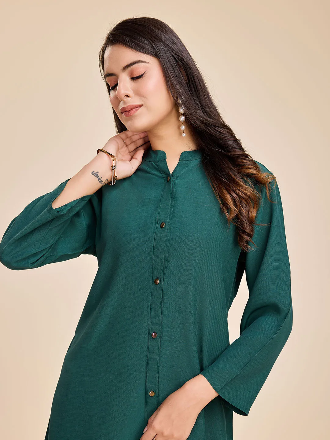 elegant front button mandarin collar long top with cuff sleeves & a comfortable flared pants set in Moroccan Crepe - Sea Green