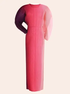 Fashion Gradient Pleated Long Dress Women Round Neck Loose Contrast Color Dresses Elegant Party New Clothing