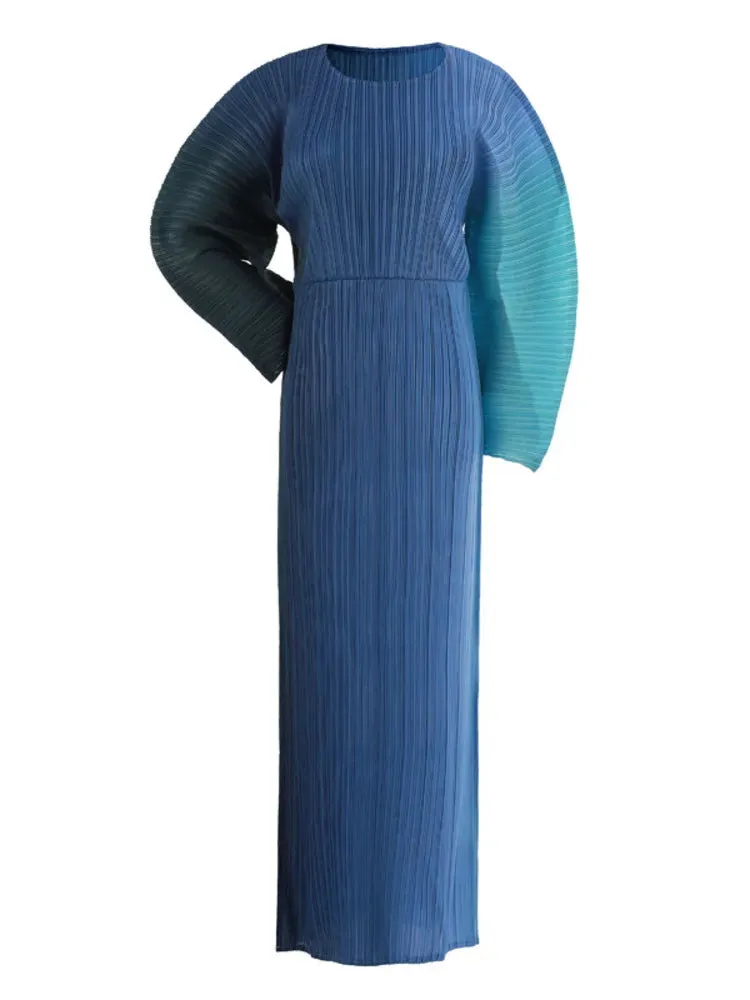 Fashion Gradient Pleated Long Dress Women Round Neck Loose Contrast Color Dresses Elegant Party New Clothing