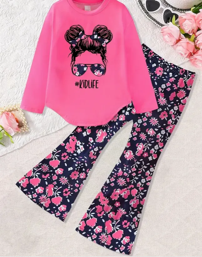 Girls Comfy Long-Sleeve Floral Print Pullover & Flared Pants