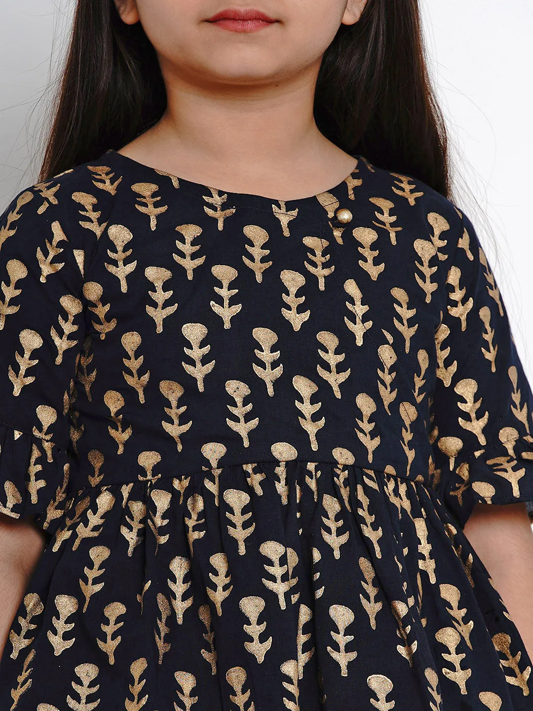 Girl's Navy Blue Printed Kurti With  Pants - Bitiya By Bhama