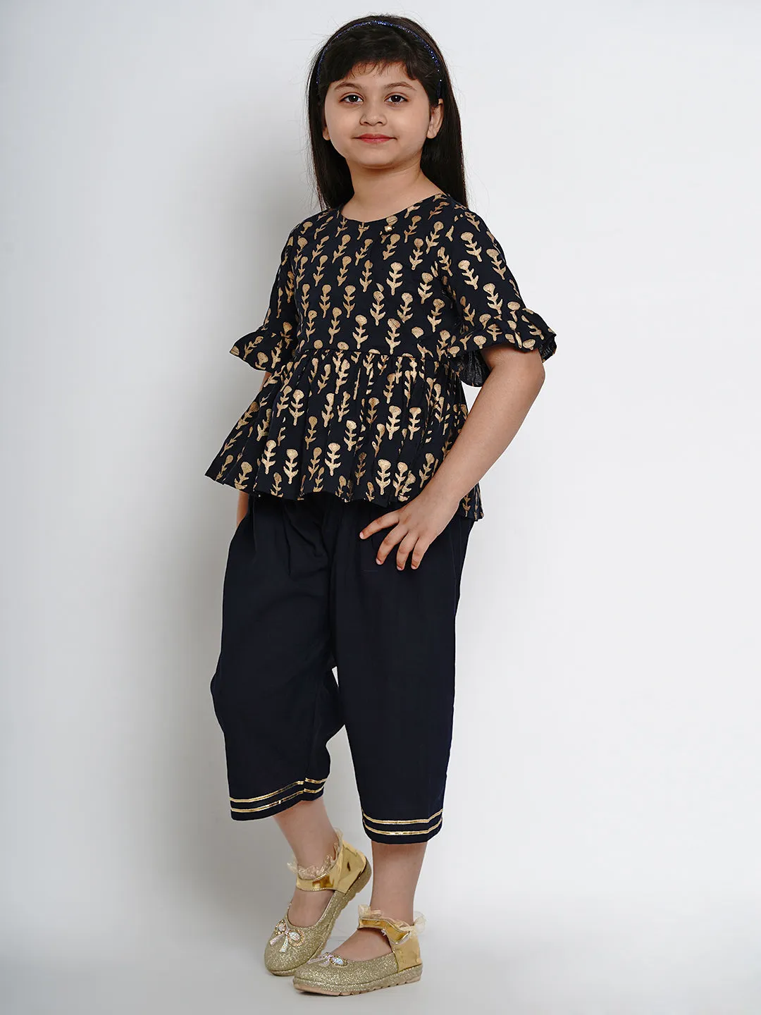 Girl's Navy Blue Printed Kurti With  Pants - Bitiya By Bhama