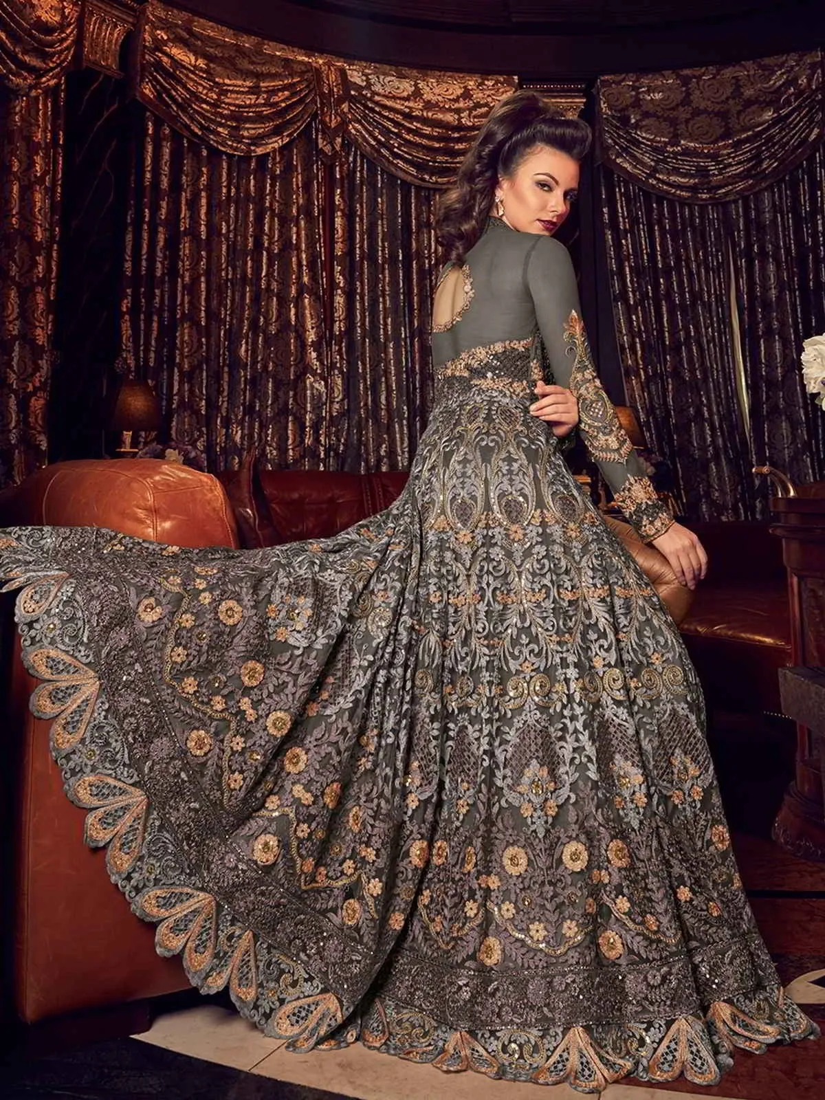 Grey All With Golden Embroidered Lehenga/Pant Suit
