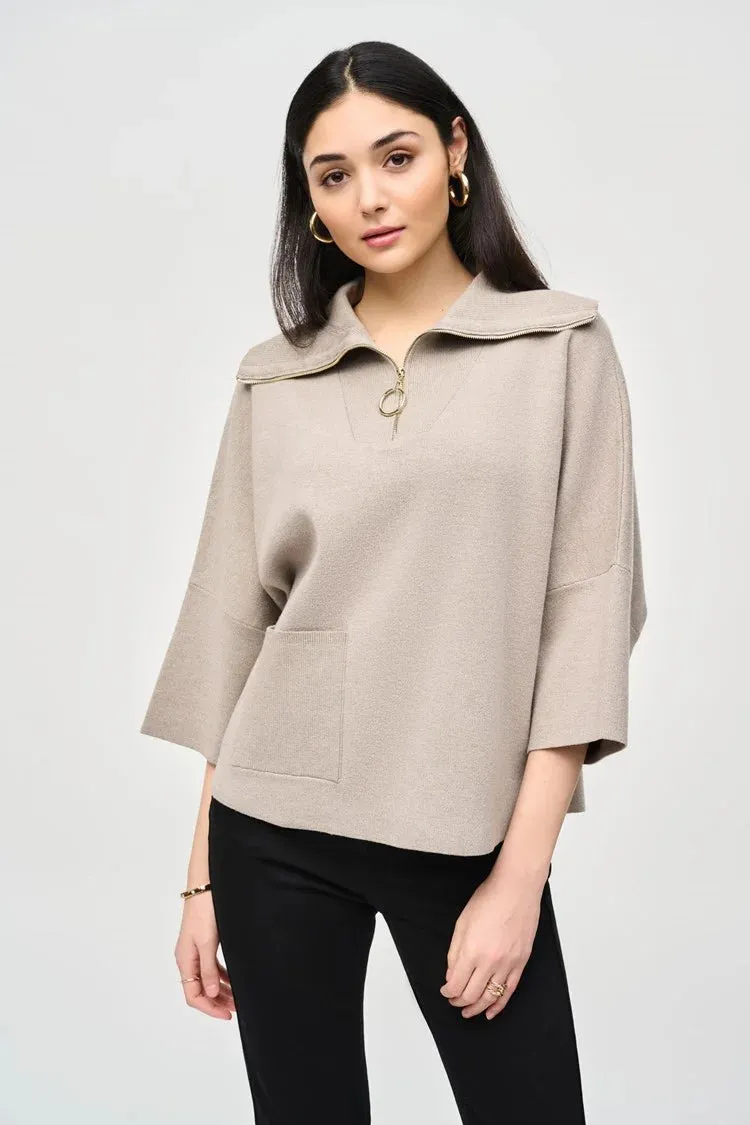 Jacquard Zipped Collar Sweater in Taupe by Joseph Ribkoff