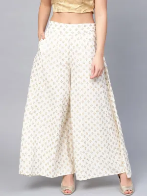 Juniper White Ethnic Motif Printed Rayon Flared Women Palazzo With One Pocket