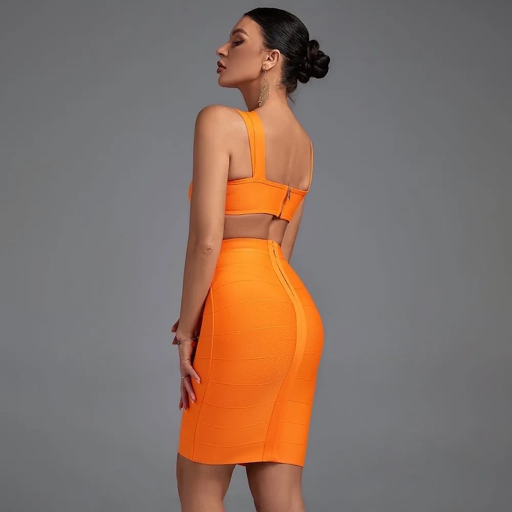 Kimora Orange Bandage dress- Halter neck with cross over bodice