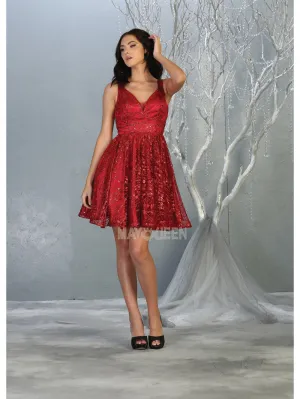 MQ 1702 - Glitter Print A-Line Homecoming Dress with V-Neck