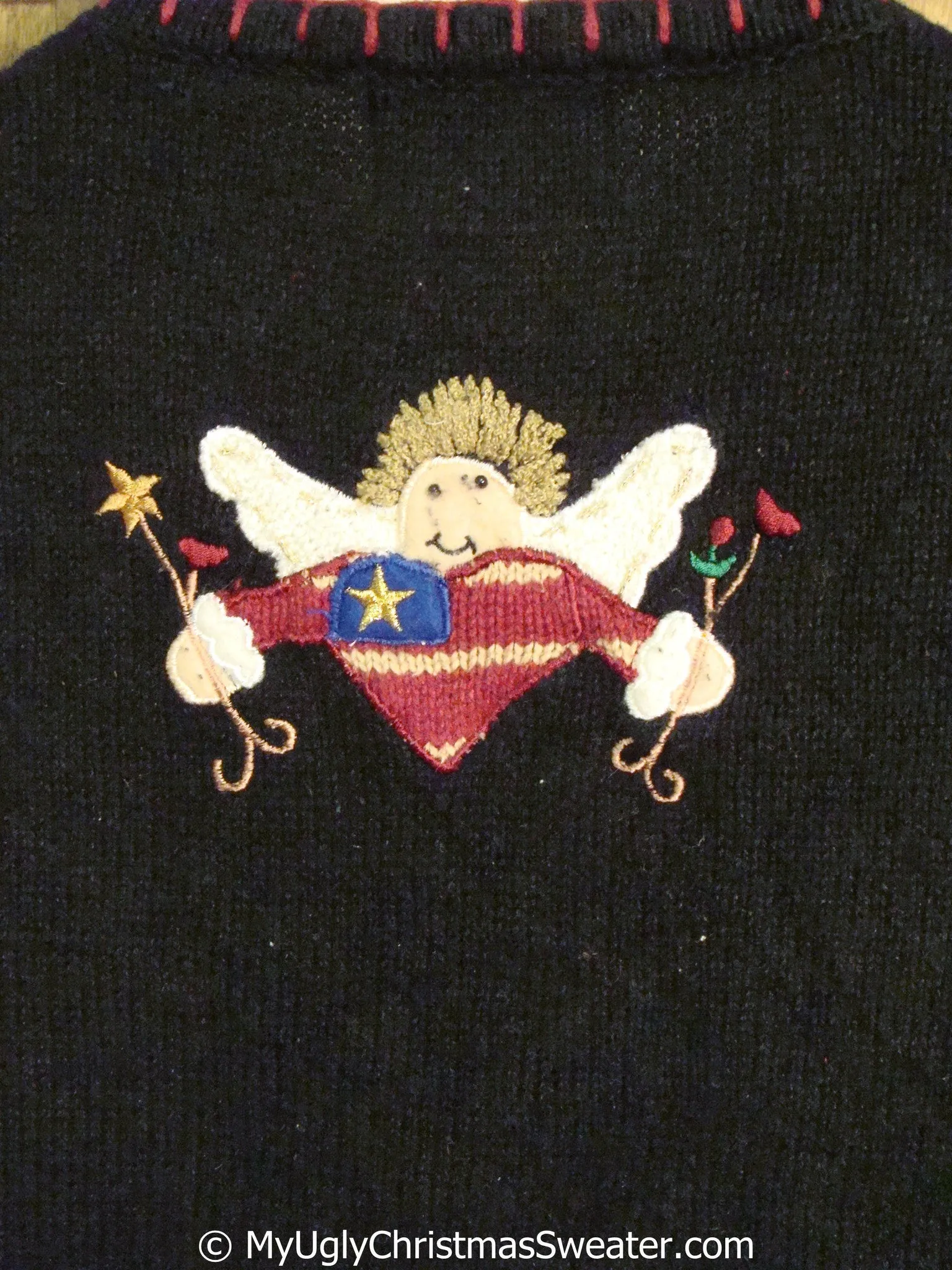 Patriotic Christmas Sweater Vest with Angel and Santa