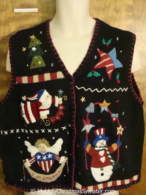 Patriotic Christmas Sweater Vest with Angel and Santa