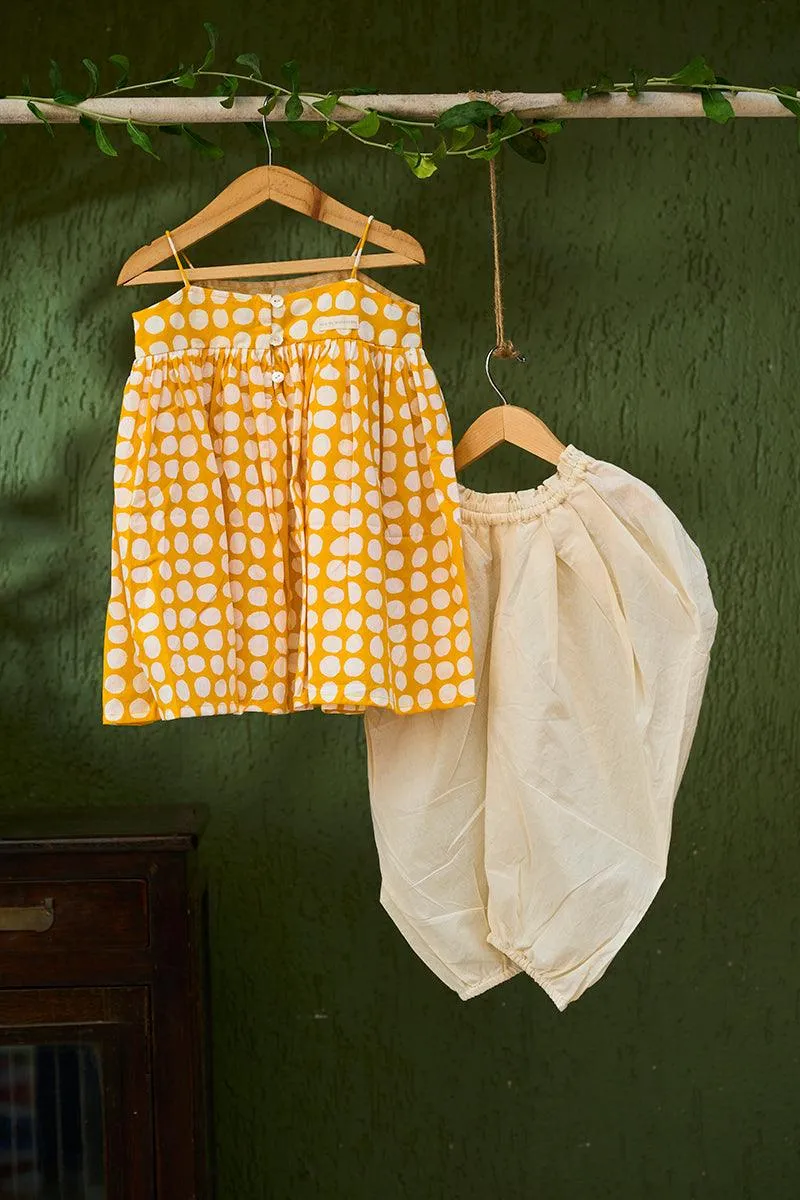 Set of 2- ‘Friendship’ girls kurta coord set in yellow polka hand block print and dhoti pant