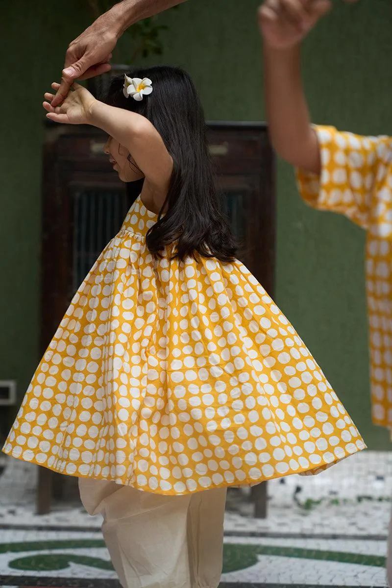 Set of 2- ‘Friendship’ girls kurta coord set in yellow polka hand block print and dhoti pant