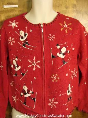 Skiing Santa Red Ugly Christmas Sweater