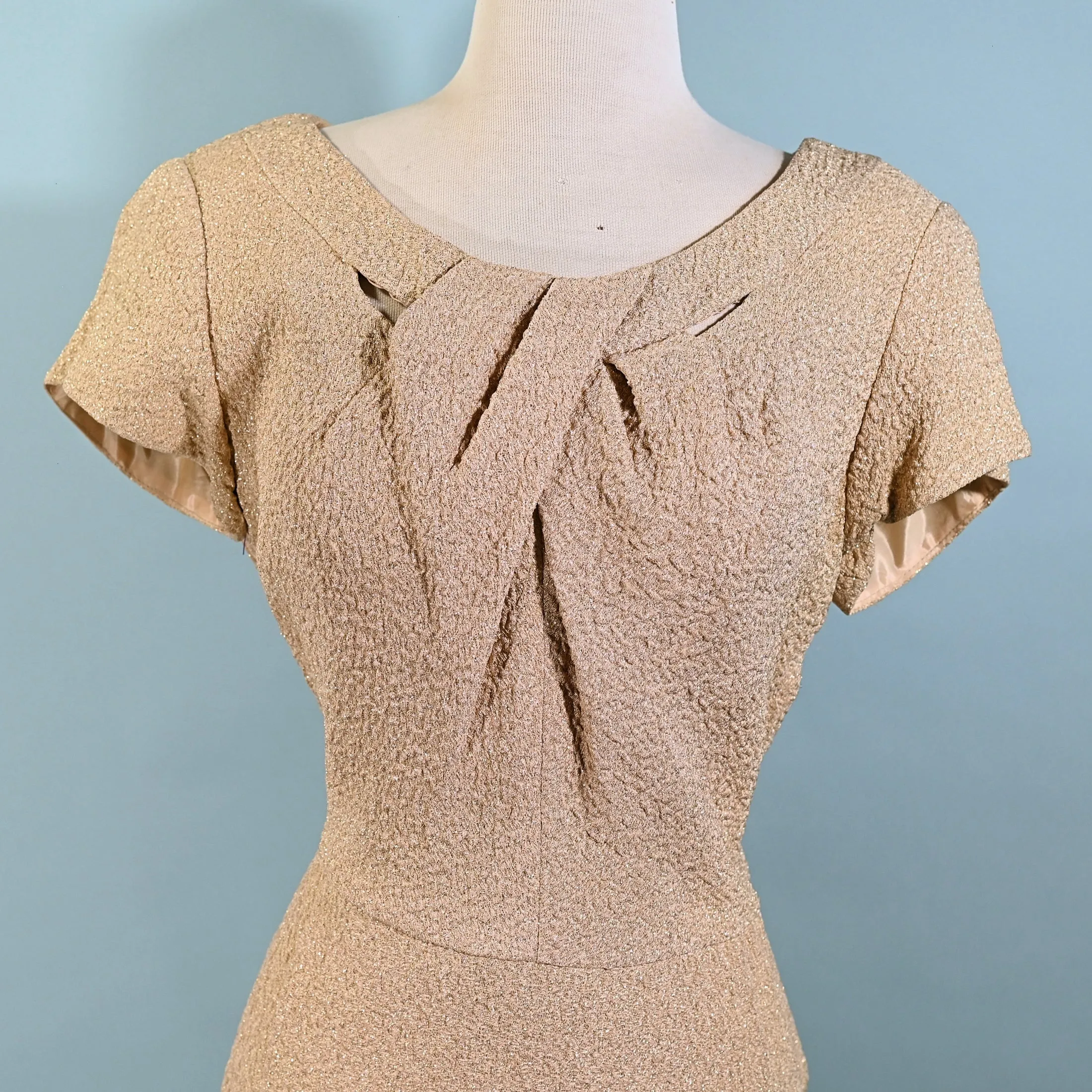 SOLD Vintage 50s Beige/Gold Lurex Fitted Cocktail Eveningwear Dress 32" Waist