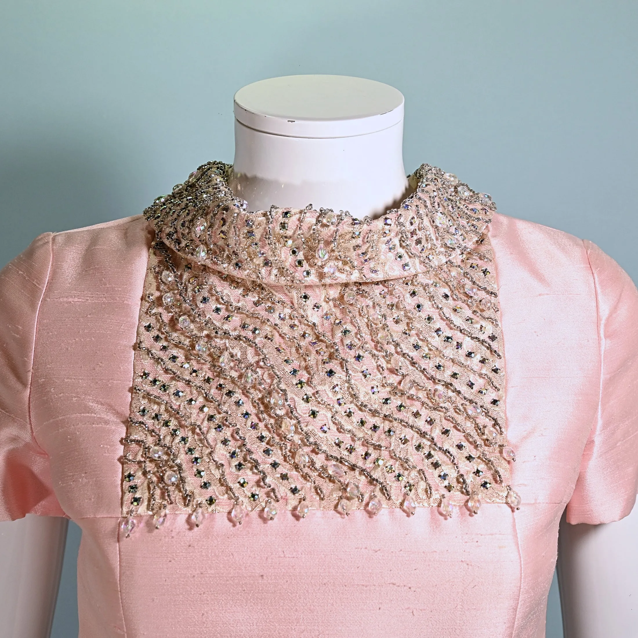 SOLD Vintage 60s Mod Pink Party Dress, Jeweled Neckline A Line Mini Dress, XS/S