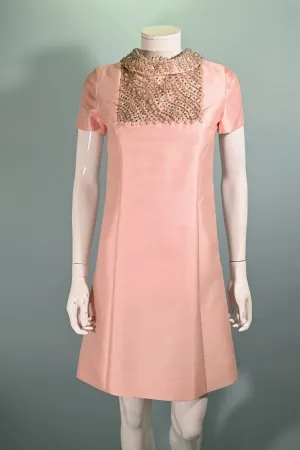 SOLD Vintage 60s Mod Pink Party Dress, Jeweled Neckline A Line Mini Dress, XS/S