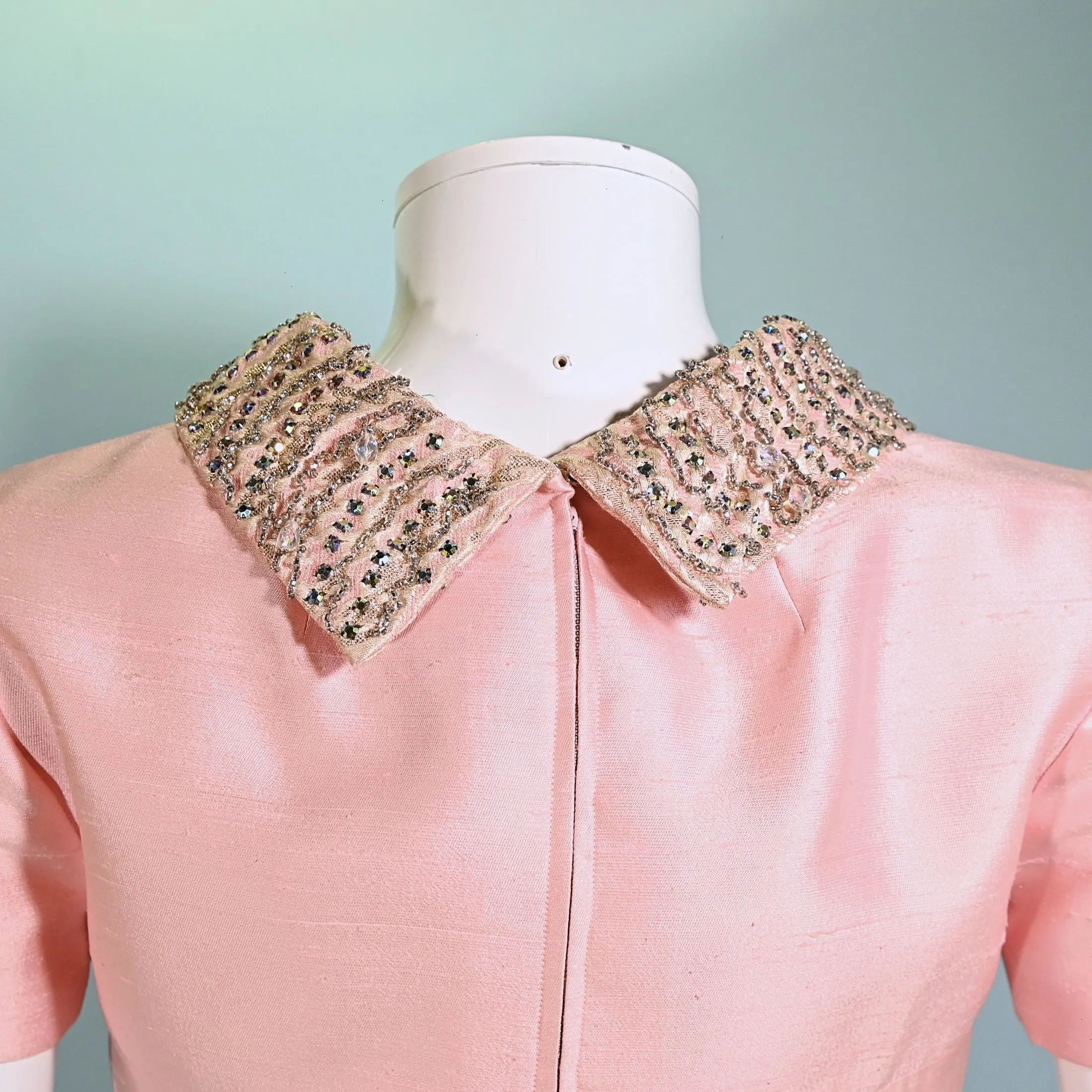 SOLD Vintage 60s Mod Pink Party Dress, Jeweled Neckline A Line Mini Dress, XS/S